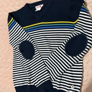 boboli Navy & White Striped V‑Neck Sweater with Elbow Patches kids size 14